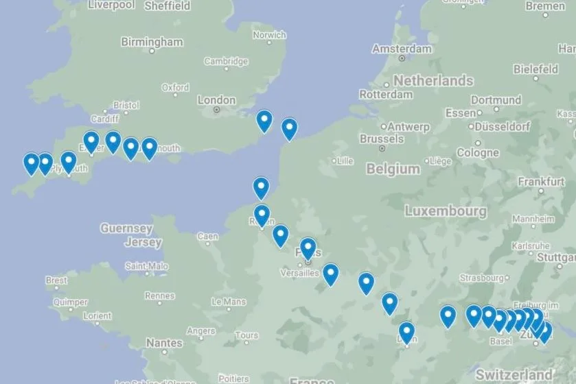 Eine Karte mit markierten Punkten.